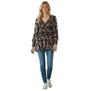 Torrid Floral Smocked Peplum Blouse Size 2 Black Pink Yellow‎ Long Sleeve